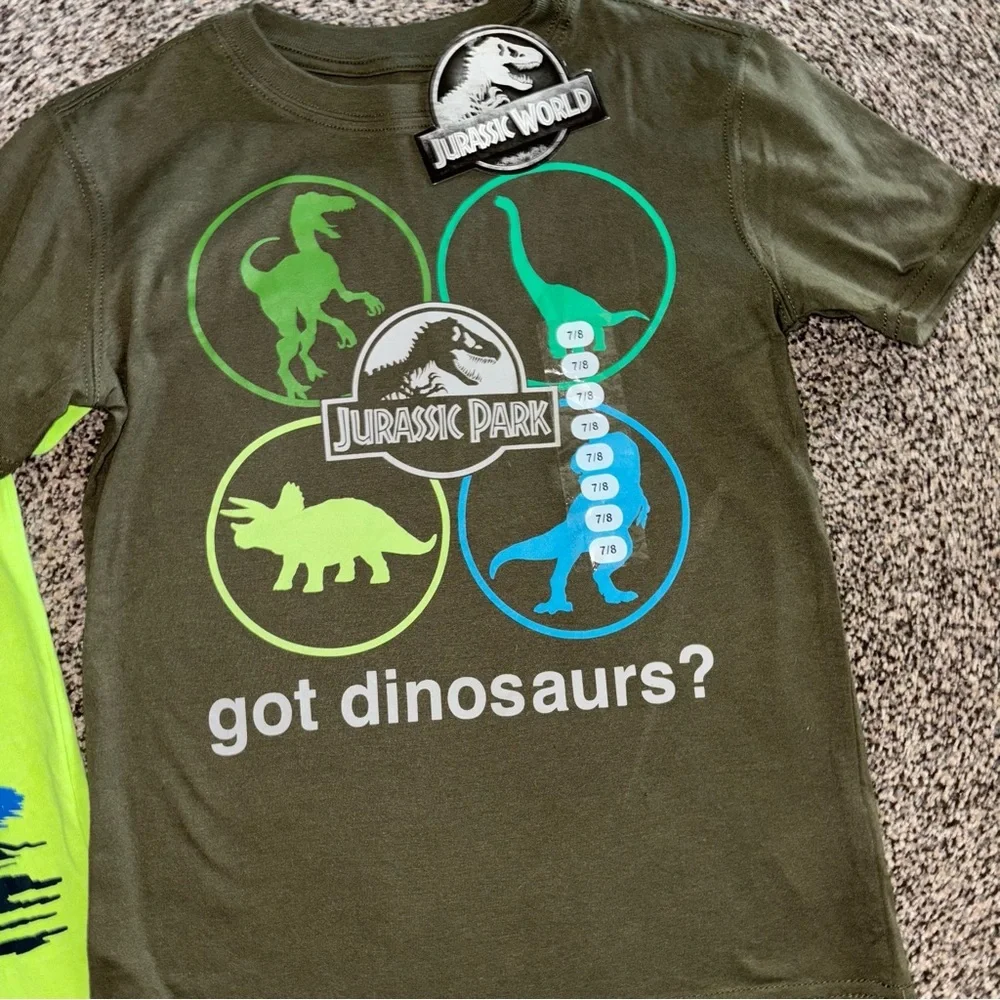 Dinosaur and Jurassic Park Tees -Neon Green & Dark Green Boys Size 7 7/8 Fun Set